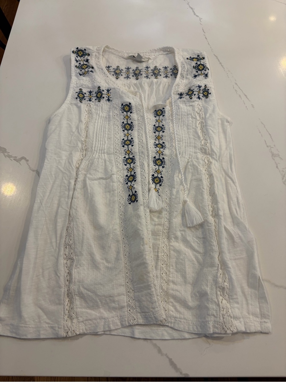 Lucky Brand White Embroidered Sleeveless Tank with Tassels - Size Medium